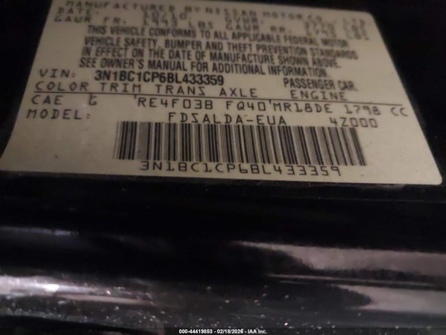 44419853 :رقم المزاد ، 3N1BC1CP6BL433359 vin ، 2011 Nissan Versa 1.8s مزاد بيع