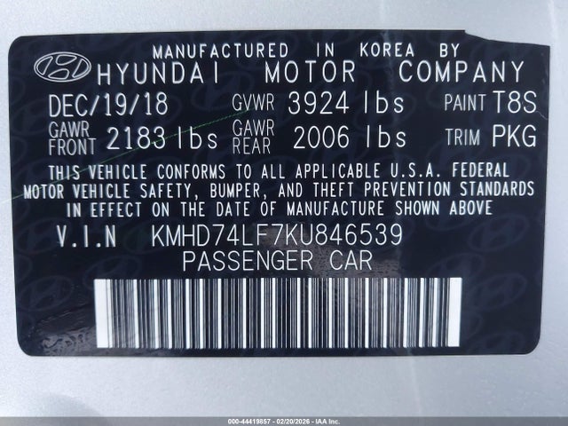 KMHD74LF7KU846539 Hyundai ELANTRA SE