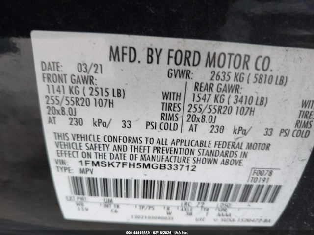 Продажа на аукционе авто 2021 Ford Explorer Limited, vin: 1FMSK7FH5MGB33712, номер лота: 44419889
