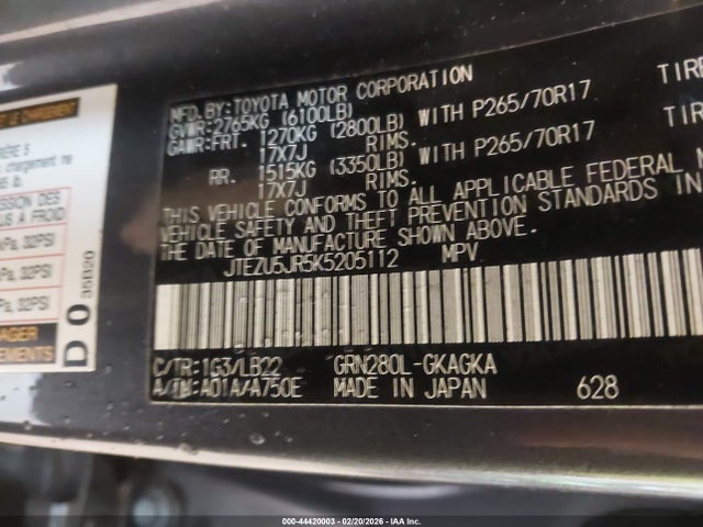 44420003 :رقم المزاد ، JTEZU5JR5K5205112 vin ، 2019 Toyota 4runner Sr5 Premium مزاد بيع