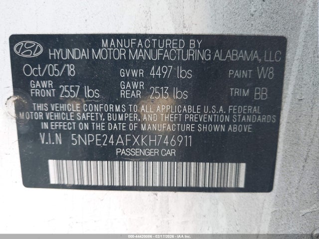 44420086 :رقم المزاد ، 5NPE24AFXKH746911 vin ، 2019 Hyundai Sonata Se مزاد بيع