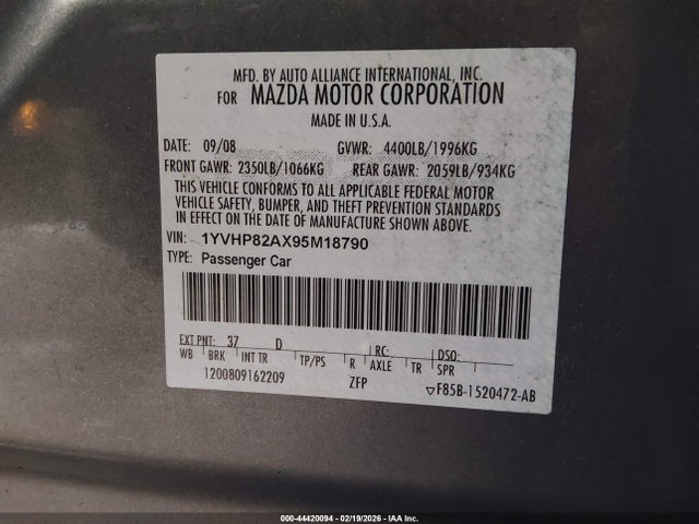 44420094 :رقم المزاد ، 1YVHP82AX95M18790 vin ، 2009 Mazda Mazda6 I Touring مزاد بيع