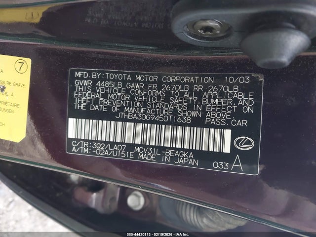 44420113 :رقم المزاد ، JTHBA30G945011638 vin ، 2004 Lexus Es 330 مزاد بيع
