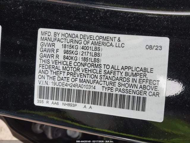 44420149 :رقم المزاد ، 19UDE4H24RA010314 vin ، 2024 Acura Integra مزاد بيع