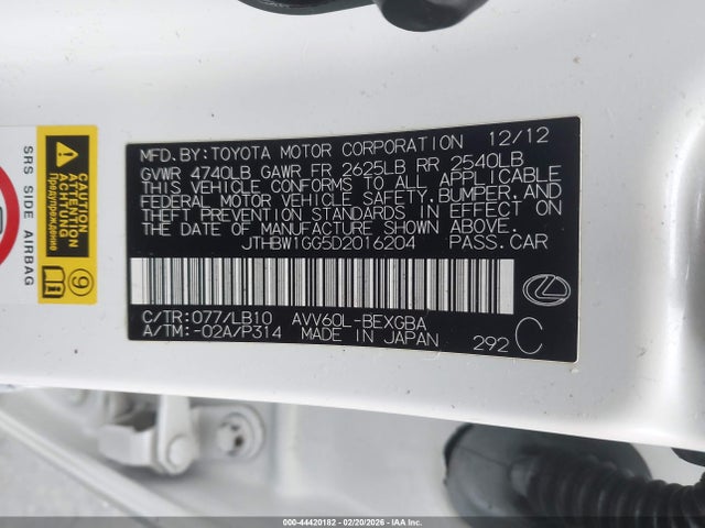 44420182 :رقم المزاد ، JTHBW1GG5D2016204 vin ، 2013 Lexus Es 300h مزاد بيع