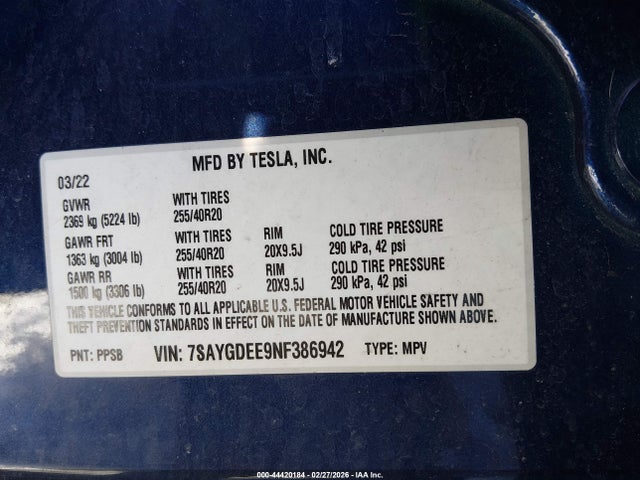 7SAYGDEE9NF386942 Tesla Model Y Long Range Dual Motor All-wheel Drive