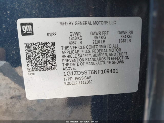 2022 Chevrolet Malibu Lt მანქანა იყიდება აუქციონზე, vin: 1G1ZD5ST6NF109401, აუქციონის ნომერი: 44420195