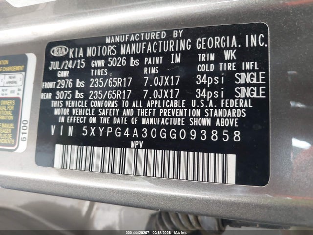 5XYPG4A30GG093858 KIA Sorento 2.4l Lx