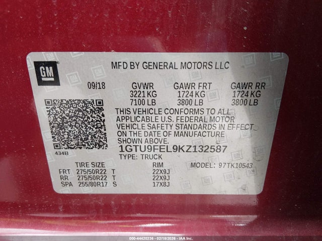 44420236 :رقم المزاد ، 1GTU9FEL9KZ132587 vin ، 2019 Gmc Sierra 1500 Denali مزاد بيع