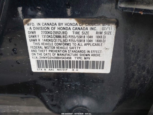 2011 Acura Mdx მანქანა იყიდება აუქციონზე, vin: 2HNYD2H28BH543498, აუქციონის ნომერი: 44420267