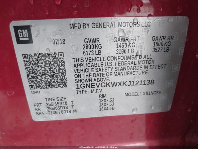 1GNEVGKWXKJ121138 Chevrolet Traverse 1lt