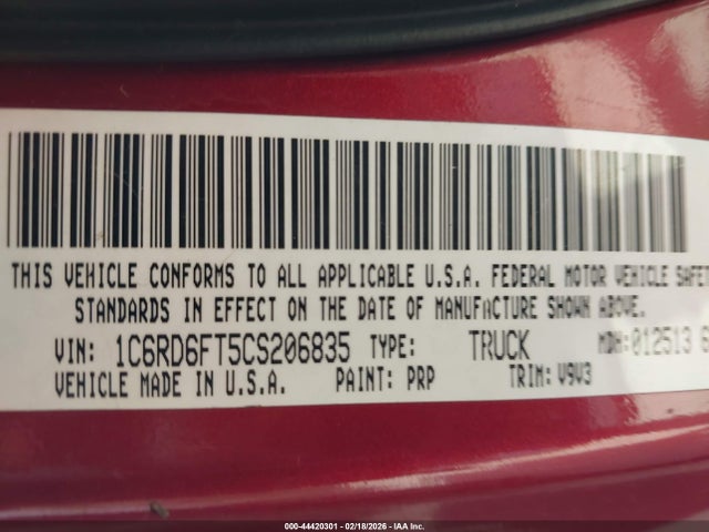 Продажа на аукционе авто 2012 Ram 1500 St, vin: 1C6RD6FT5CS206835, номер лота: 44420301