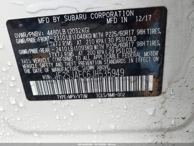 2018 Subaru Forester 2.5i Premium მანქანა იყიდება აუქციონზე, vin: JF2SJAEC6JH535949, აუქციონის ნომერი: 44420305