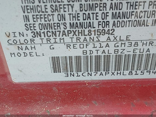 3N1CN7APXHL815942 Nissan Versa 1.6 S/1.6 S+/1.6 Sl/1.6 Sv