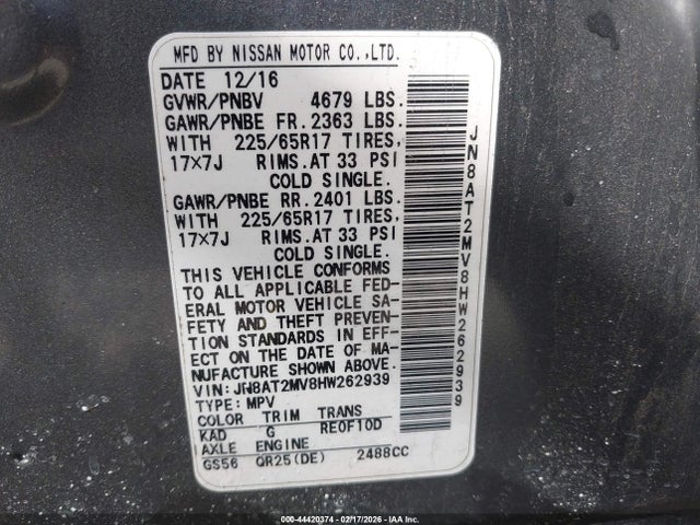 2017 Nissan Rogue S მანქანა იყიდება აუქციონზე, vin: JN8AT2MV8HW262939, აუქციონის ნომერი: 44420374