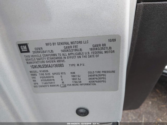 44420376 :رقم المزاد ، 1GKLRLED6AJ136083 vin ، 2010 Gmc Acadia Sle مزاد بيع