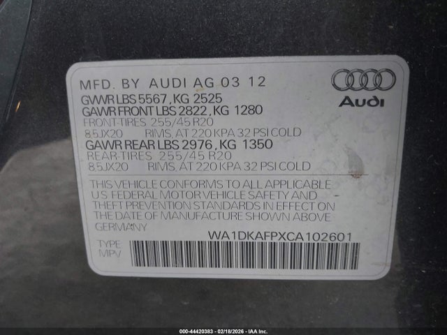 Продажа на аукционе авто 2012 Audi Q5 3.2 Premium Plus, vin: WA1DKAFPXCA102601, номер лота: 44420383