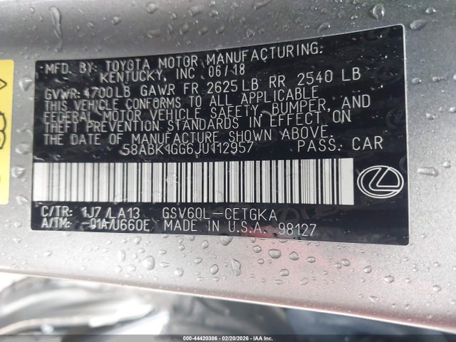 44420386 :رقم المزاد ، 58ABK1GG6JU112957 vin ، 2018 Lexus Es 350 مزاد بيع