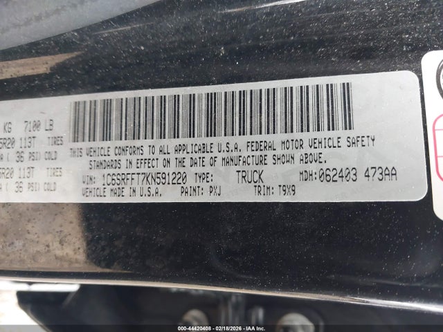2019 Ram 1500 Big Horn/lone Star  4x4 5'7 Box მანქანა იყიდება აუქციონზე, vin: 1C6SRFFT7KN591220, აუქციონის ნომერი: 44420408