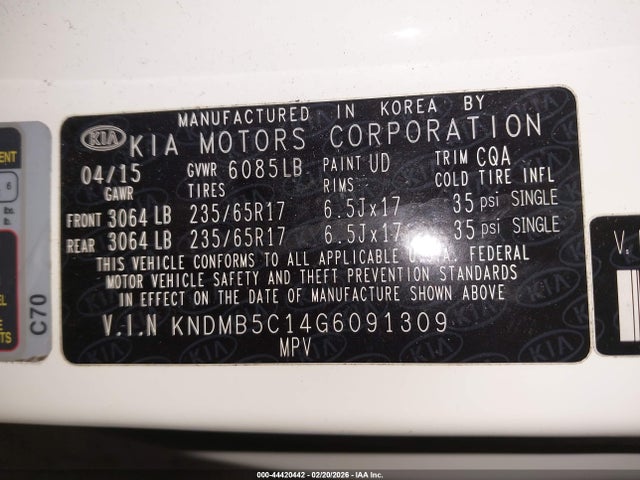 44420442 :رقم المزاد ، KNDMB5C14G6091309 vin ، 2016 Kia Sedona Lx مزاد بيع