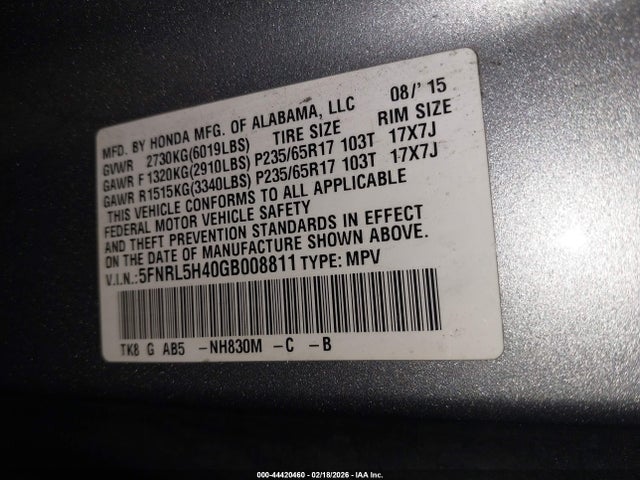 5FNRL5H40GB008811 Honda ODYSSEY EX