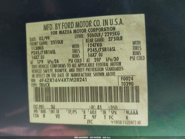 Aukcja sprzedaży 1999 Mazda B3000 Se/tl, vin: 4F4ZR16V4XTM28241, numer aukcji: 44420503