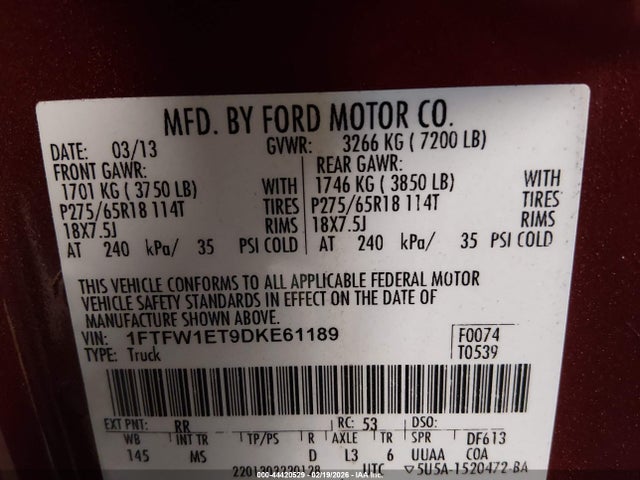 Продаж на аукціоні авто 2013 Ford F-150 Xlt, vin: 1FTFW1ET9DKE61189, номер лоту: 44420529