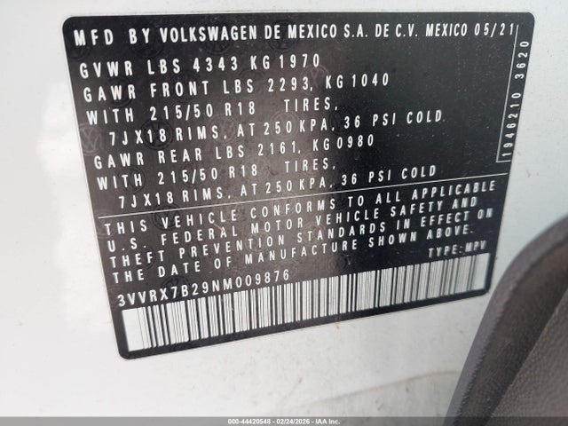 2022 Volkswagen Taos 1.5t Se მანქანა იყიდება აუქციონზე, vin: 3VVRX7B29NM009876, აუქციონის ნომერი: 44420548