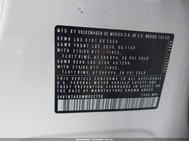 44420588 :رقم المزاد ، 3VV1B7AXXMM022739 vin ، 2021 Volkswagen Tiguan 2.0t S مزاد بيع