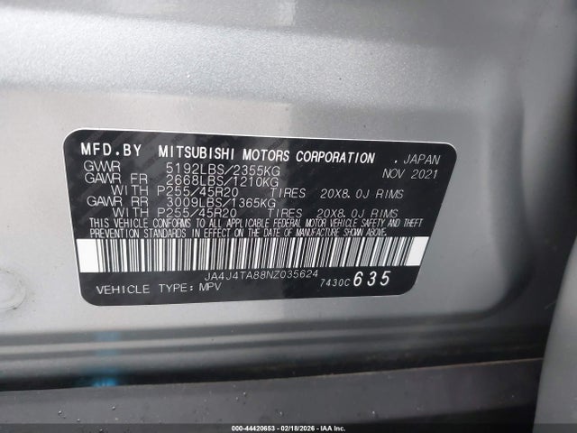 Aukcja sprzedaży 2022 Mitsubishi Outlander Es 2.5 S-awc, vin: JA4J4TA88NZ035624, numer aukcji: 44420653