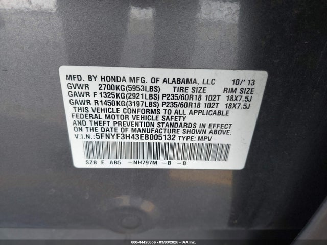Honda Pilot Ex 2014 5FNYF3H43EB005132 Image 9