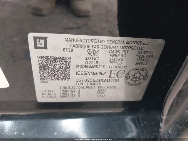 Aukcja sprzedaży 2019 Gmc Sierra 1500 Elevation, vin: 1GTU9CED1KZ414701, numer aukcji: 44420680