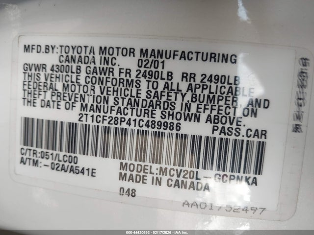 2001 Toyota Camry Solara Sle V6 მანქანა იყიდება აუქციონზე, vin: 2T1CF28P41C489986, აუქციონის ნომერი: 44420692