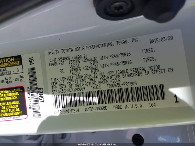 Aukcja sprzedaży 2020 Toyota Tacoma Sr, vin: 5TFAX5GN0LX180669, numer aukcji: 44420732