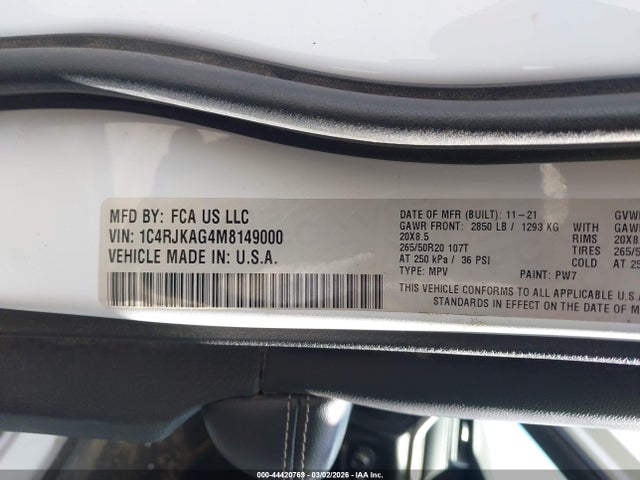 1C4RJKAG4M8149000 Jeep Grand Cherokee L Altitude 4x4