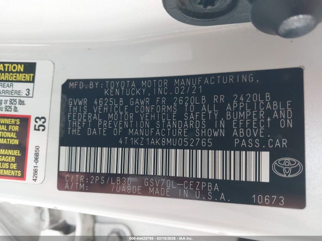 4T1KZ1AK8MU052765 Toyota Camry Xse V6