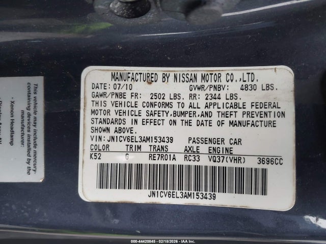 Продажа на аукционе авто 2010 Infiniti G37x, vin: JN1CV6EL3AM153439, номер лота: 44420845