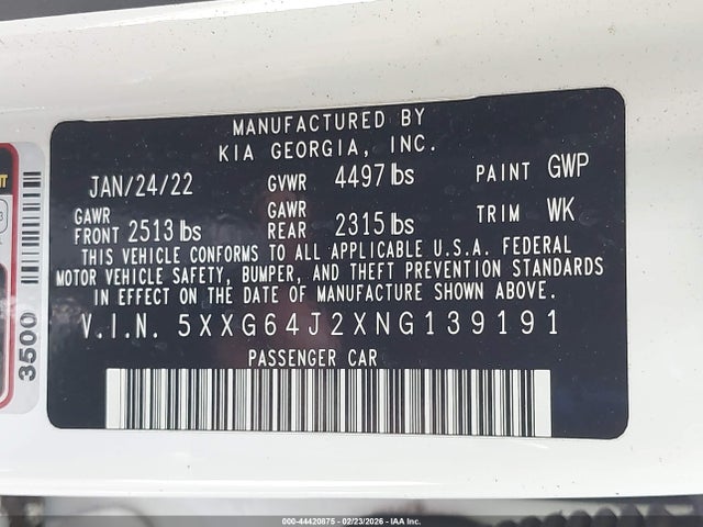 5XXG64J2XNG139191 KIA K5 Gt-line