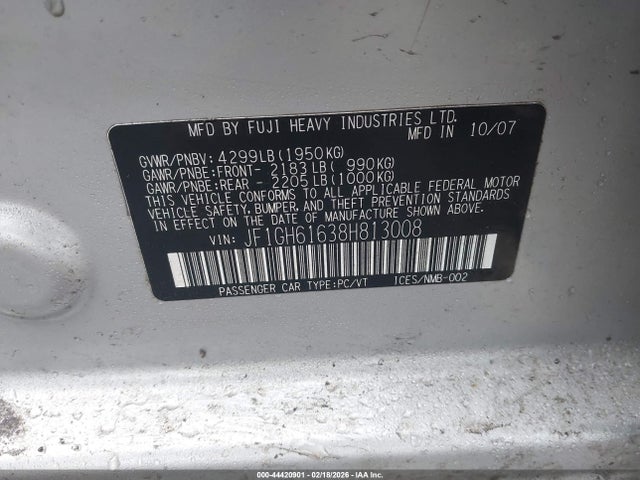 Auction sale of the 2008 Subaru Impreza 2.5i, vin: JF1GH61638H813008, lot number: 44420901
