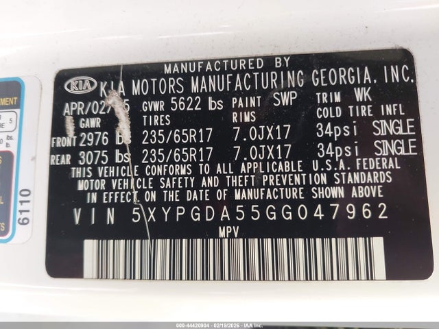 Aukcja sprzedaży 2016 Kia Sorento 3.3l Lx, vin: 5XYPGDA55GG047962, numer aukcji: 44420904