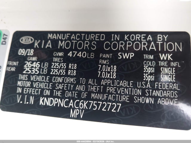 44420994 :رقم المزاد ، KNDPNCAC6K7572727 vin ، 2019 Kia Sportage Ex مزاد بيع