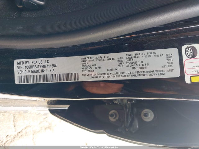 Продаж на аукціоні авто 2021 Ram 1500 Laramie  4x2 5'7 Box, vin: 1C6RREJT2MN711654, номер лоту: 44421042