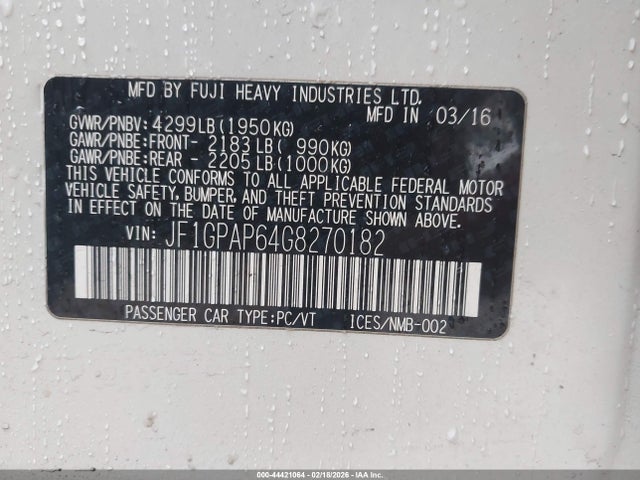 44421064 :رقم المزاد ، JF1GPAP64G8270182 vin ، 2016 Subaru Impreza 2.0i Sport Premium مزاد بيع