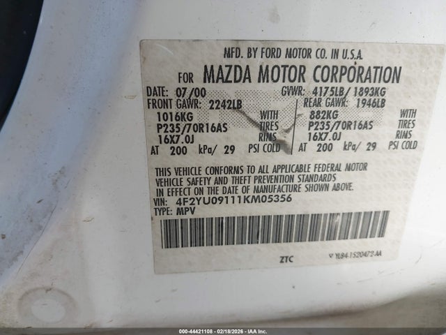 Aukcja sprzedaży 2001 Mazda Tribute Es V6/lx V6, vin: 4F2YU09111KM05356, numer aukcji: 44421108