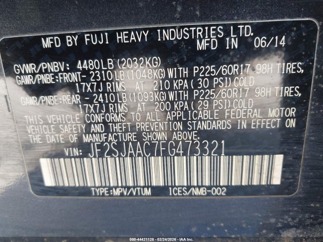 44421128 :رقم المزاد ، JF2SJAAC7FG473321 vin ، 2015 Subaru Forester 2.5i مزاد بيع