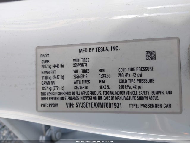 Aukcja sprzedaży 2021 Tesla Model 3 Standard Range Plus Rear-wheel Drive, vin: 5YJ3E1EAXMF001931, numer aukcji: 44421138