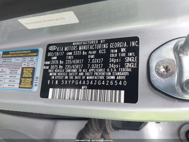 5XYPG4A34JG426540 KIA Sorento 2.4l Lx