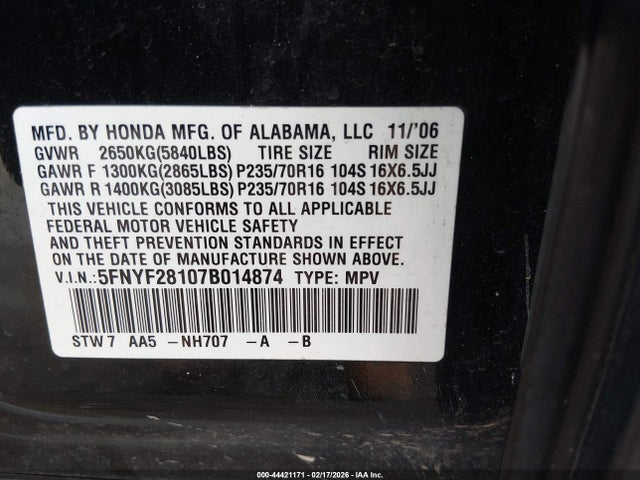 2007 HONDA PILOT 5FNYF28107B014874 Photo 8