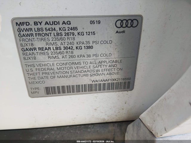 44421172 :رقم المزاد ، WA1ANAFYXK2116560 vin ، 2019 Audi Q5 45 Premium مزاد بيع