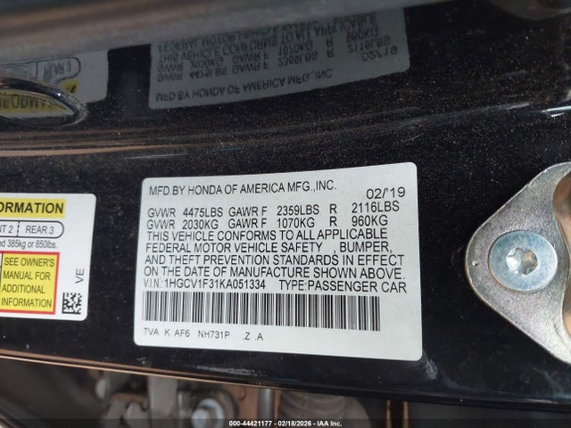 Aukcja sprzedaży 2019 Honda Accord Sport, vin: 1HGCV1F31KA051334, numer aukcji: 44421177
